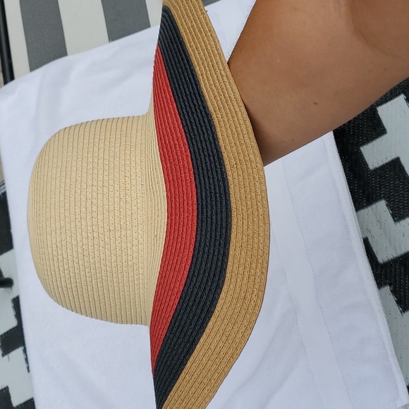 5" Wide Brim Straw Beach Hat - Tan, Red &  Blue - Picture 2 of 10